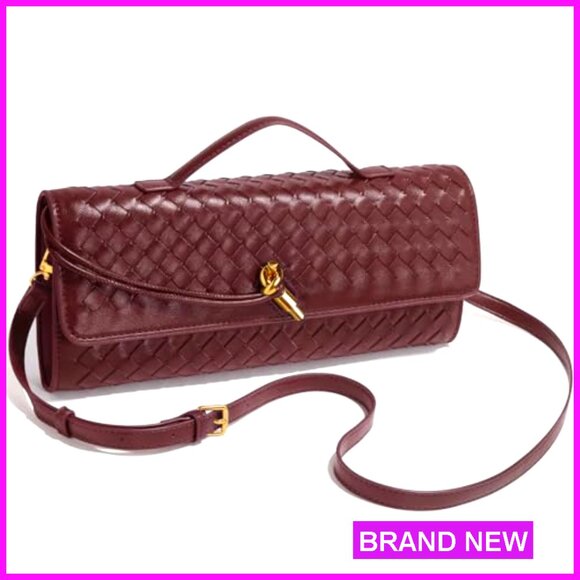 Woven Leather Evening Bag Clutch with Adjustable Strap, Formal Satchel